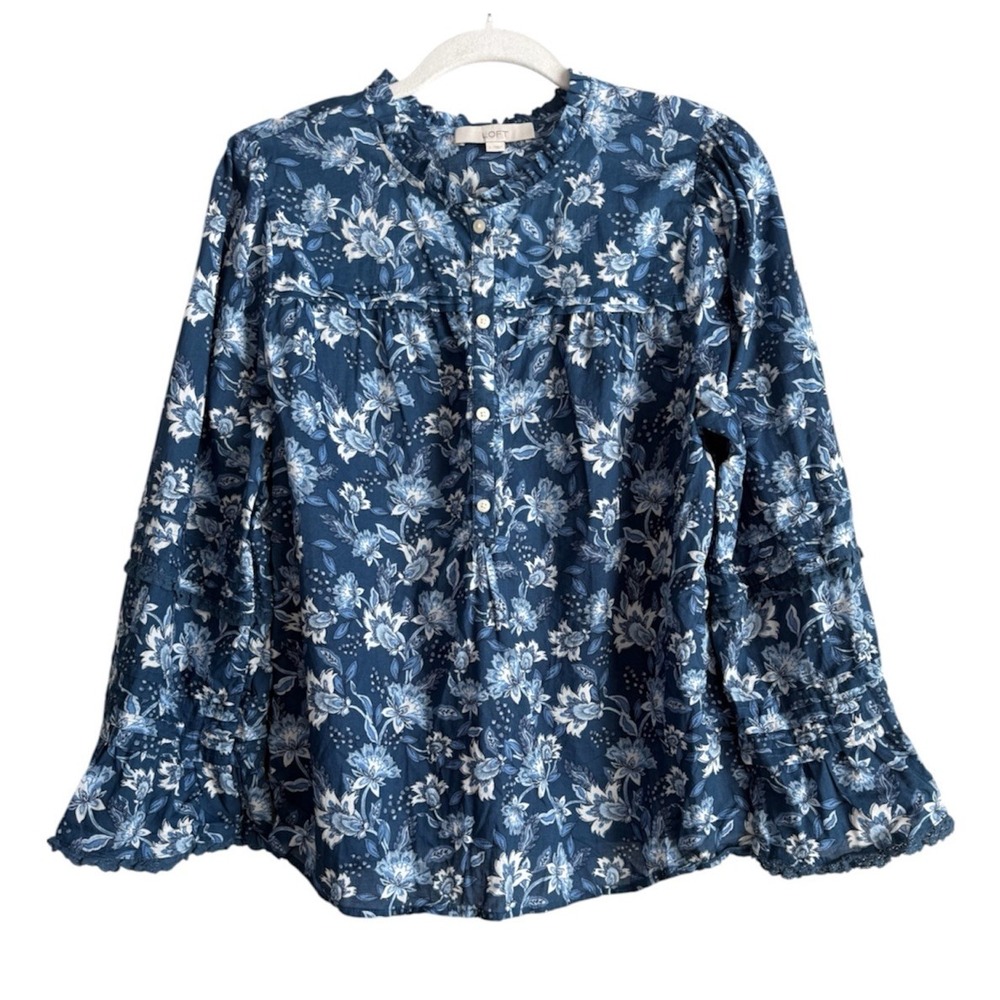 LOFT Floral Ruffle Tiered Sleeve Blouse Cottagecore Boho Navy Blue Top Size L